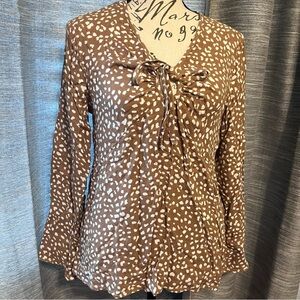 Maurices Light Brown Front Tie Abstract Polka Dot Blouse Long Bell Sleeve V-Neck